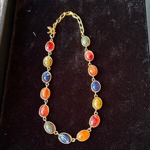 Elegant Multicolor Gemstone Scarabs on Gold Tone Chain Necklace, 17”